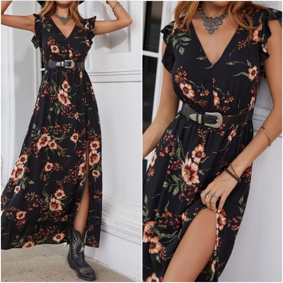 Boho Floral Print V neck Ruffle Cap Sleeve Maxi Dress - Picture 2 of 3